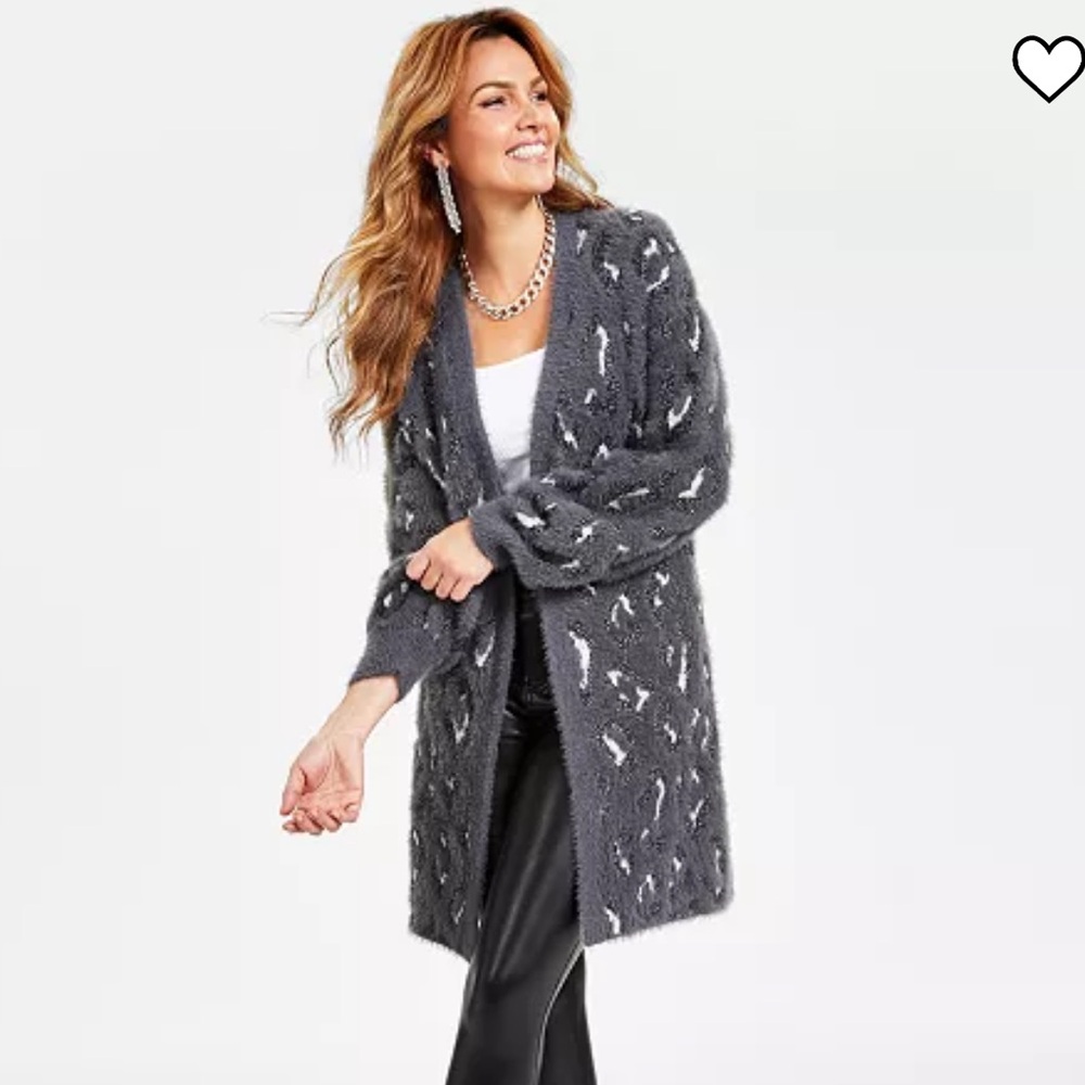Macys Inc Fuzzy Animal Print Open Front Cardigan Gray Medium